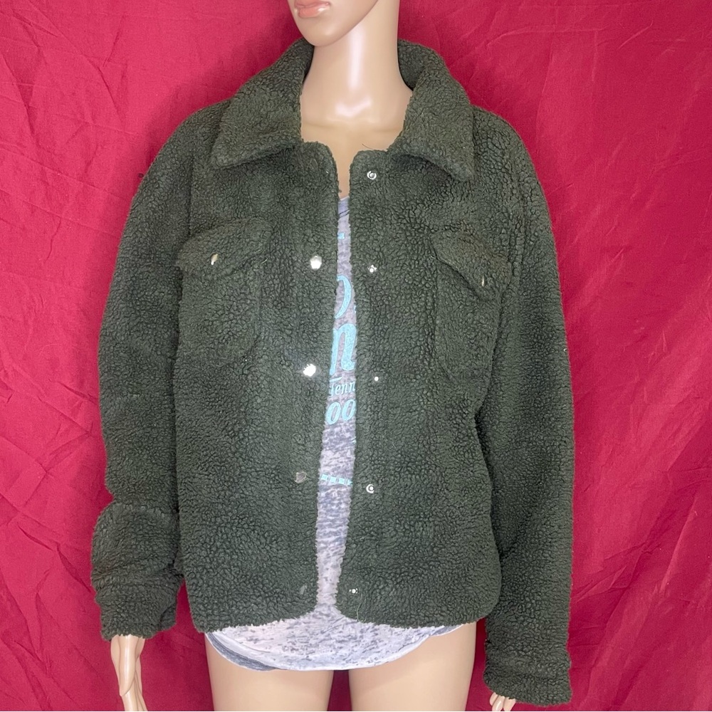 Jason Maxwell Green Fuzzy Sherpa Fleece Trucker Jacket Women’s Size Large NWT